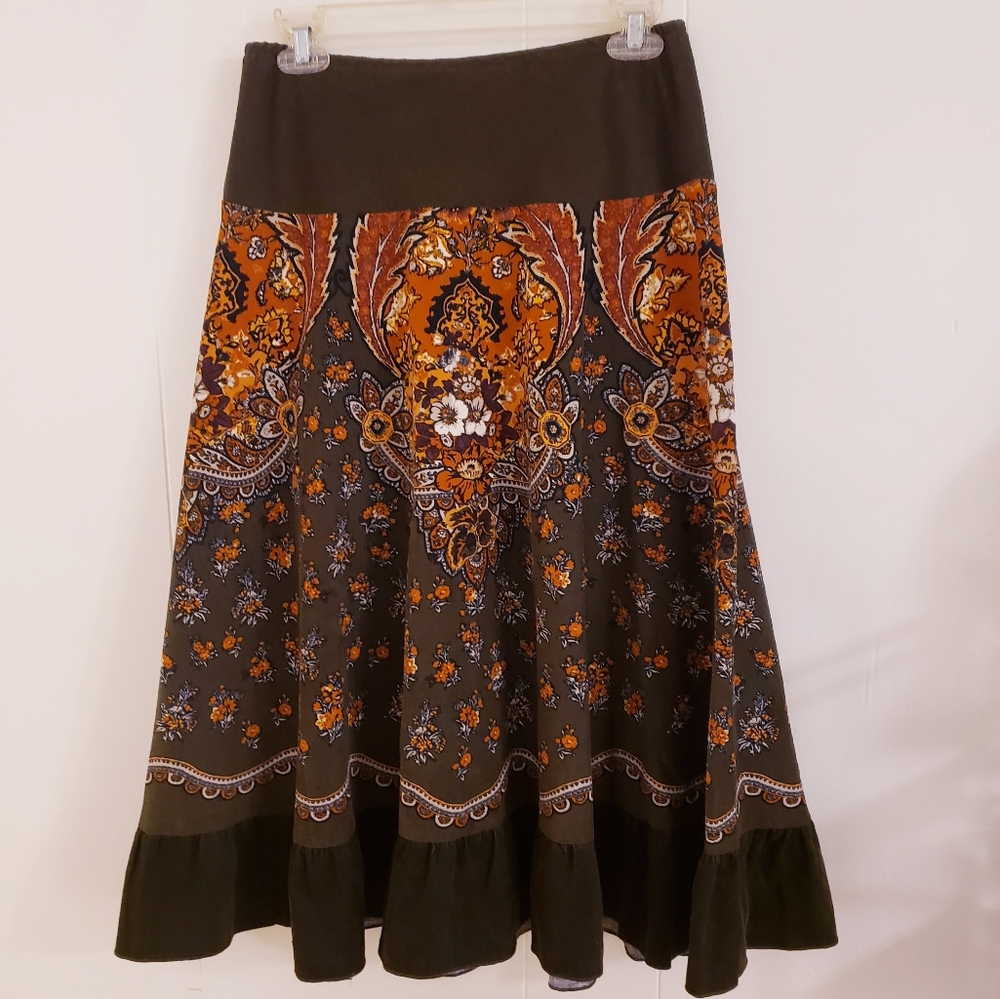 VTG Y2K 90s Skirt Corduroy Brown Orange Floral BOHO Prairie Ruffle Petite Small